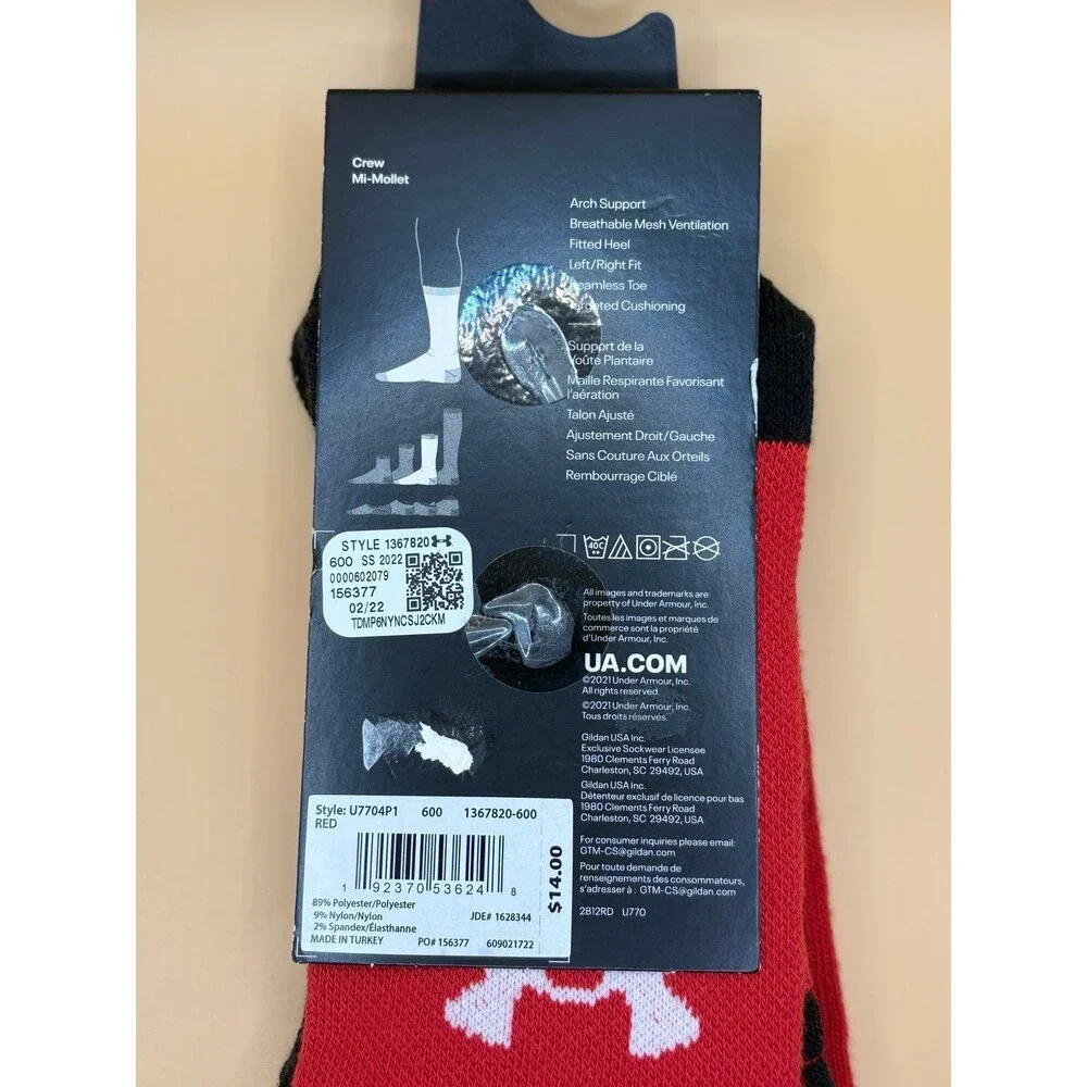 1 Pair Under Armour MD UA Team Crew‎ Socks Men Sz Men 7-8.5 Women 6-10 Red